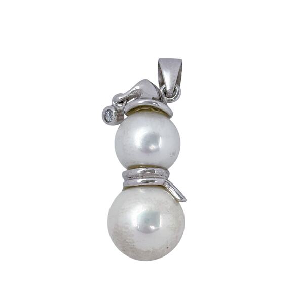 Estate Sterling Silver 925 White Pearl Cubic Zirconia Snowman Pendant - Picture 3 of 8